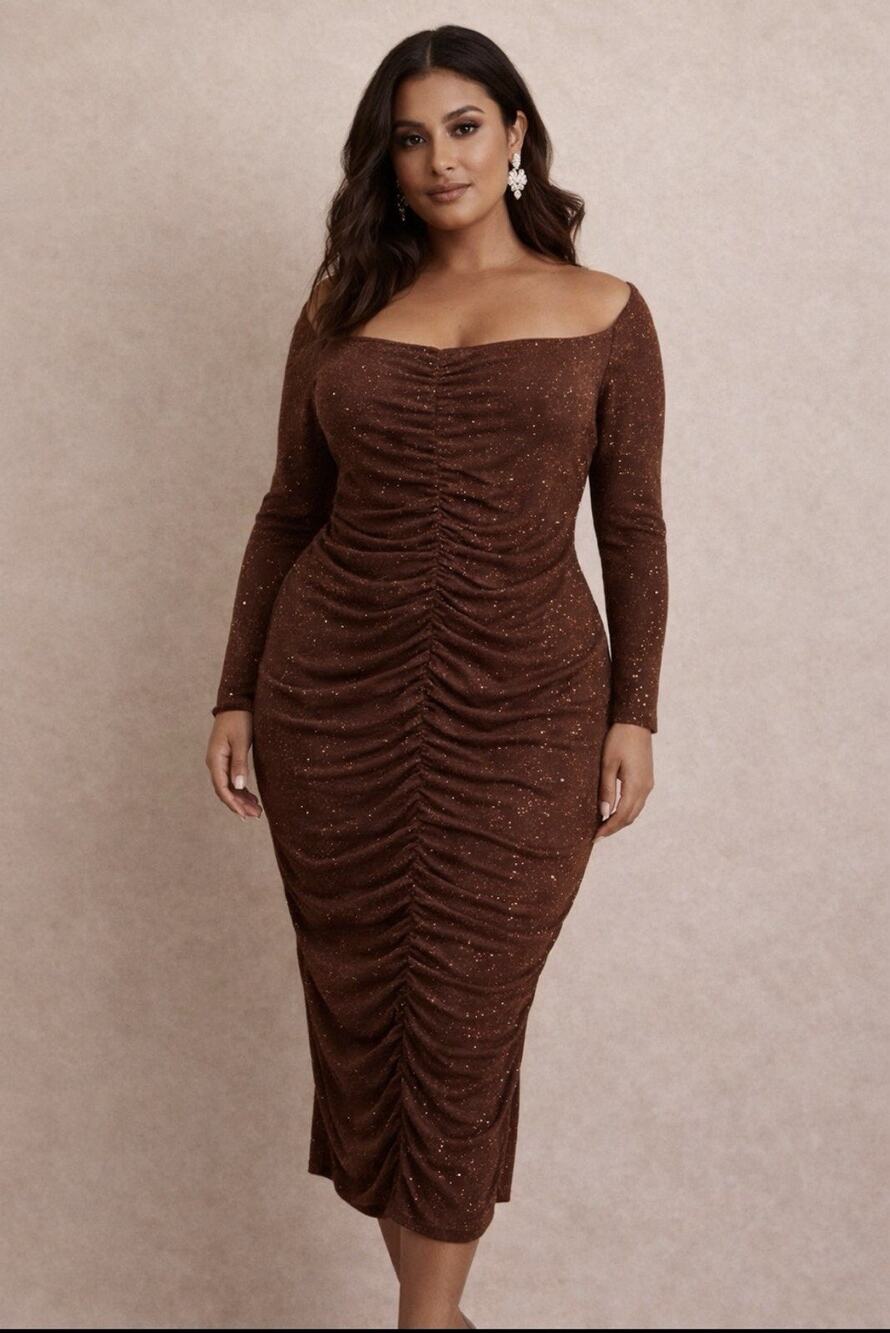 XL Brown Glitter Ruched Off Shoulder Long Sleeve Midi Bodycon Dress